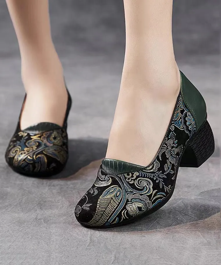 2024 New Retro Green Embossed Chunky Heels CZ1003