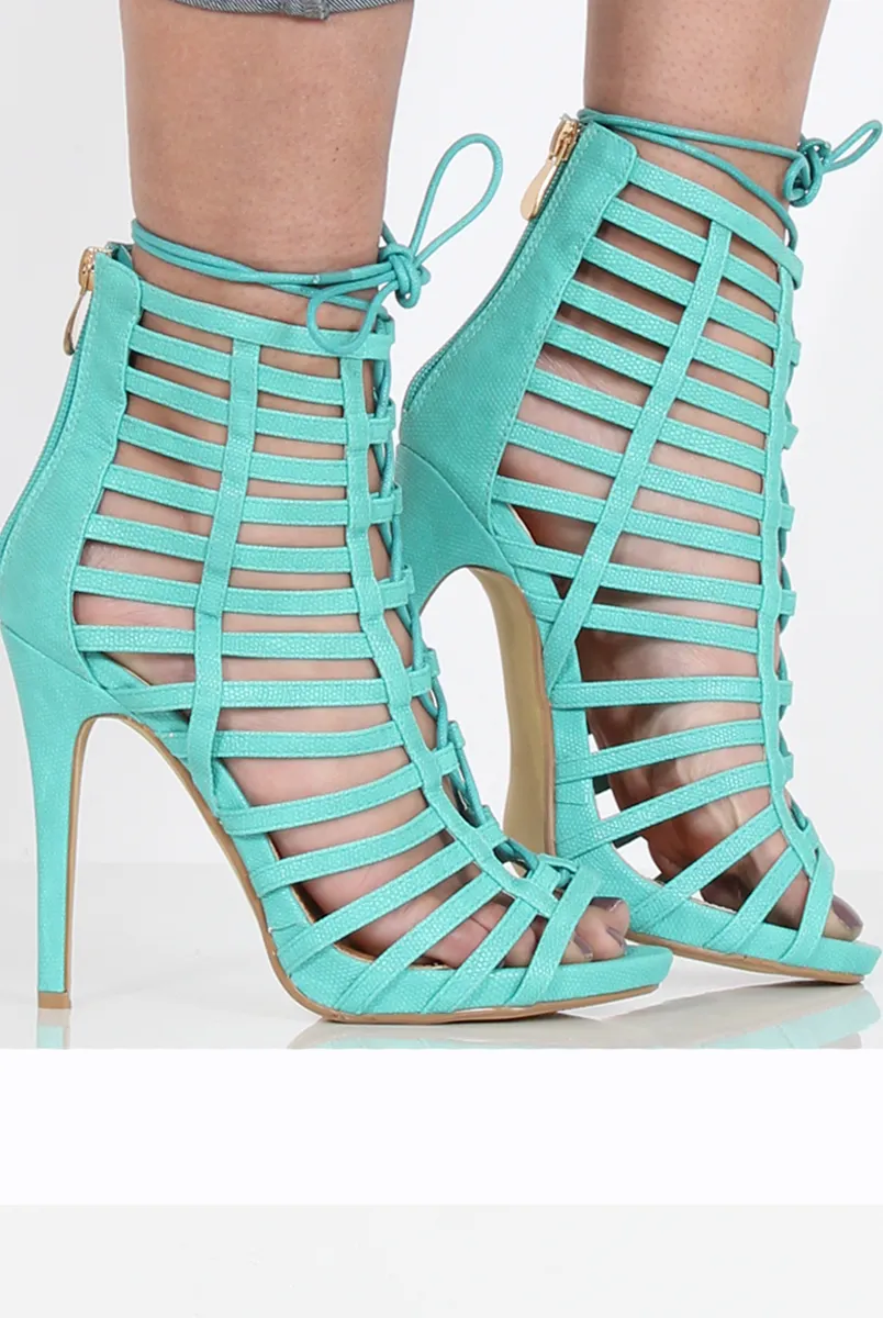 Aqua Caged Lace Up Heels - Jane