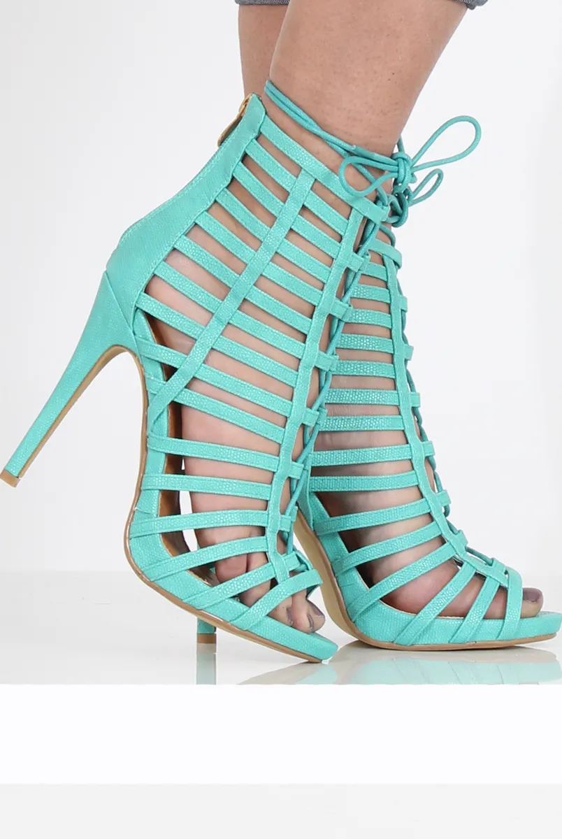 Aqua Caged Lace Up Heels - Jane