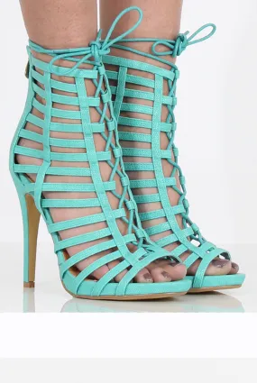 Aqua Caged Lace Up Heels - Jane