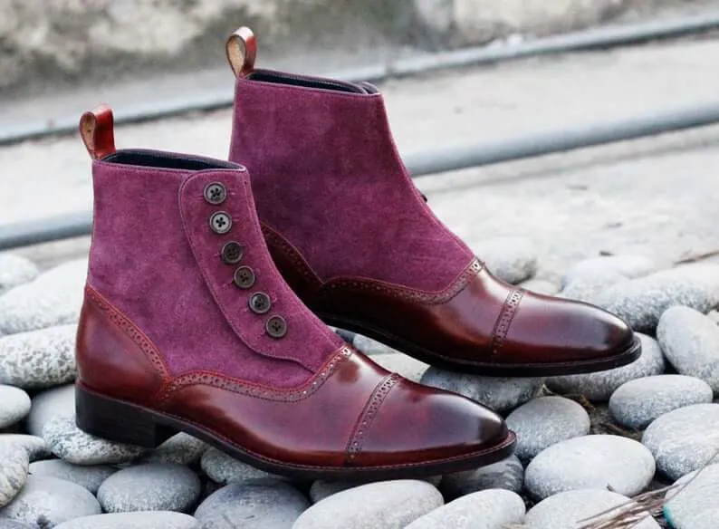 Awesome Men's Handmade Burgundy Leather Suede Cap Toe Button Boots, Men Ankle Fashion Boots