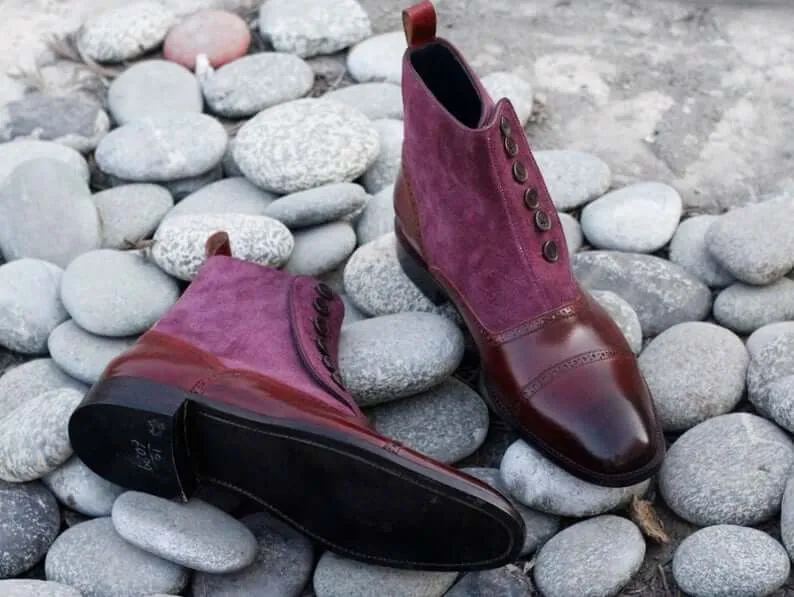 Awesome Men's Handmade Burgundy Leather Suede Cap Toe Button Boots, Men Ankle Fashion Boots