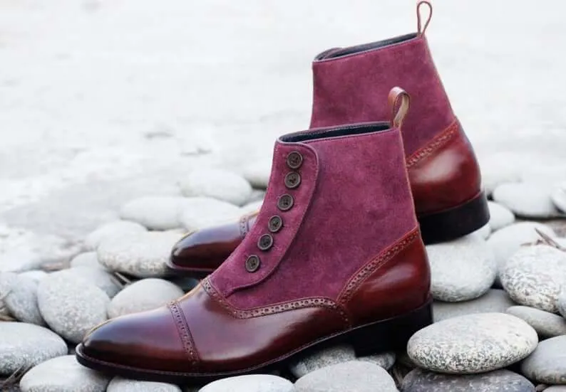 Awesome Men's Handmade Burgundy Leather Suede Cap Toe Button Boots, Men Ankle Fashion Boots