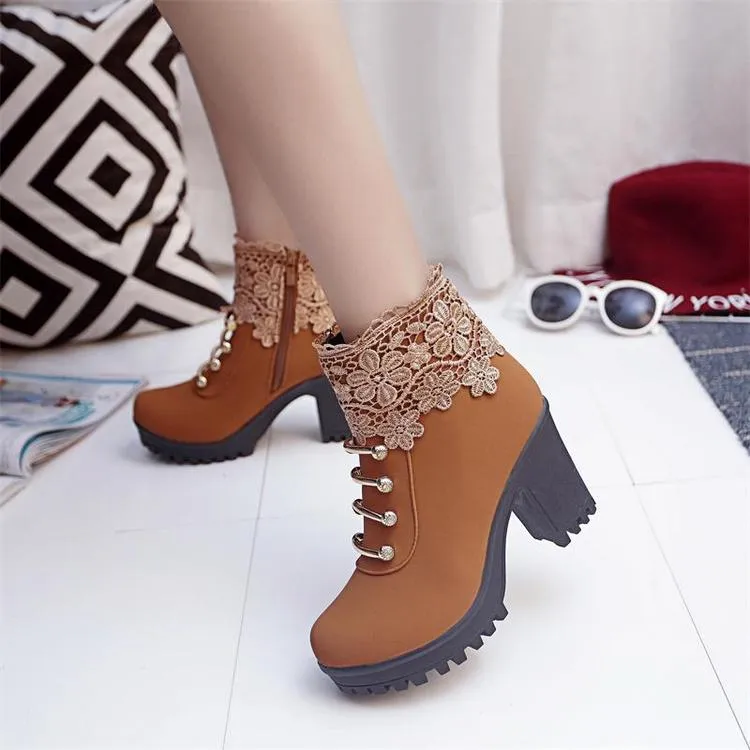 Black/Brown Lace Heels Martin Boots AD0163