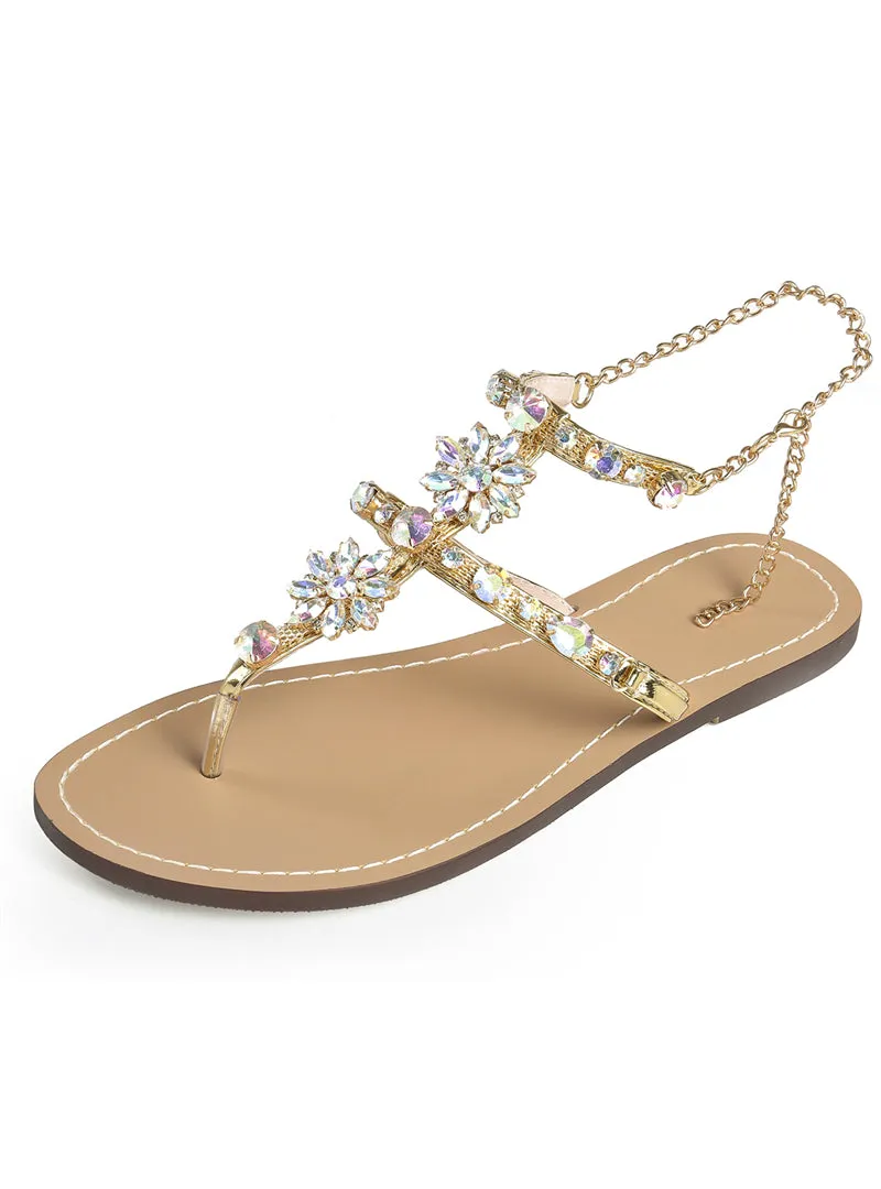 Bohemian Sandals Crystal Flat Heel Rhinestone