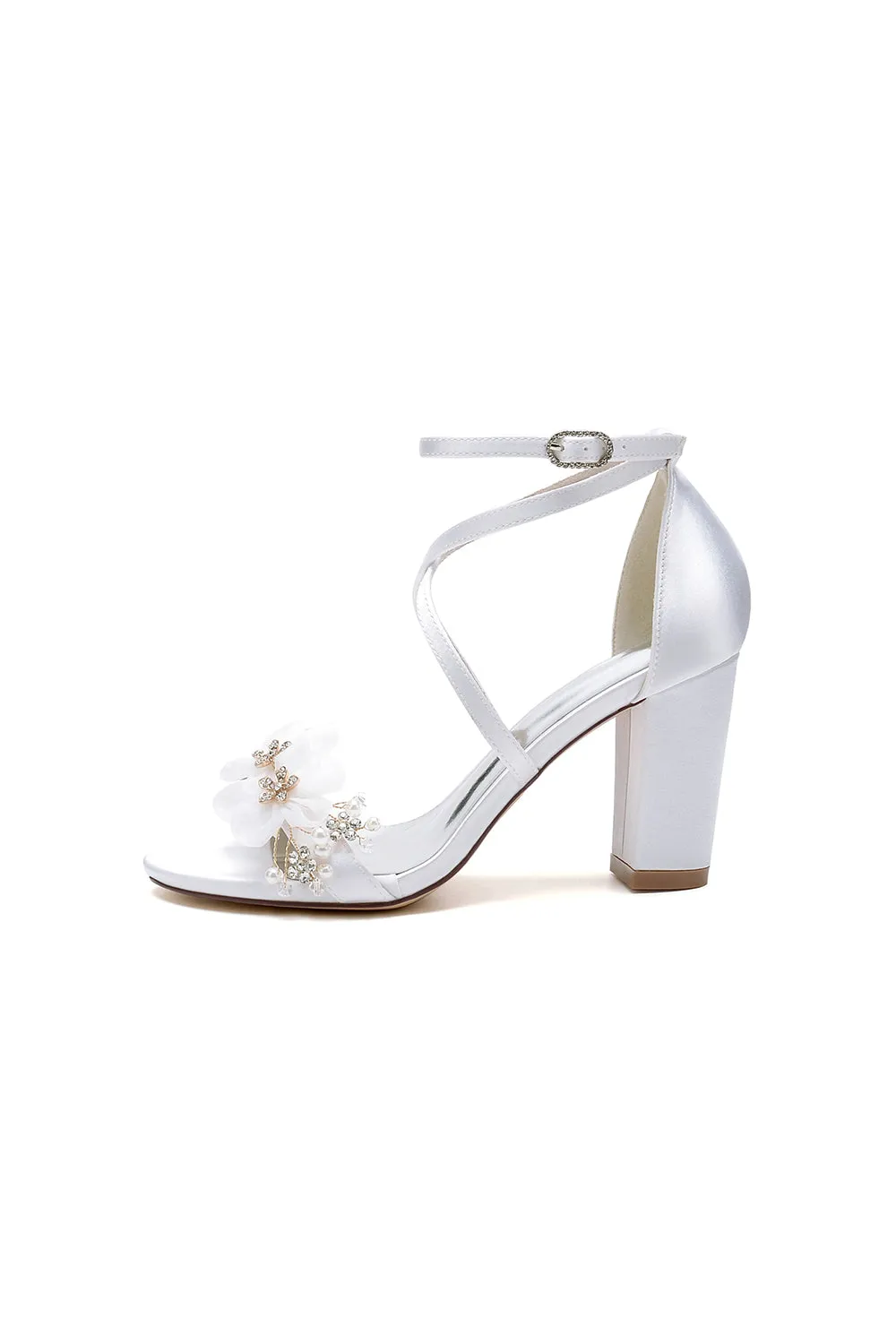 Chic Open Toe Rhinestone Flower Ankle Strap Chunky Heels