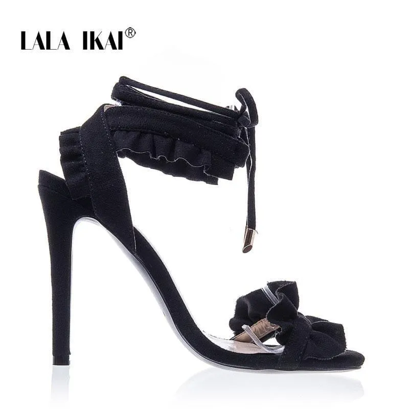 Cross Bandage High Heels Thin Heel Ruffle Lace-Up  Sandals