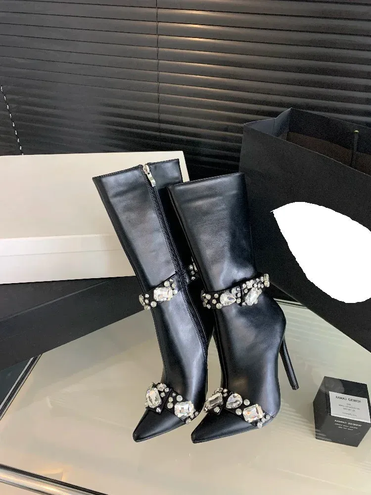 Crystal Knee-High Boots Pointed Toe Stiletto Heels