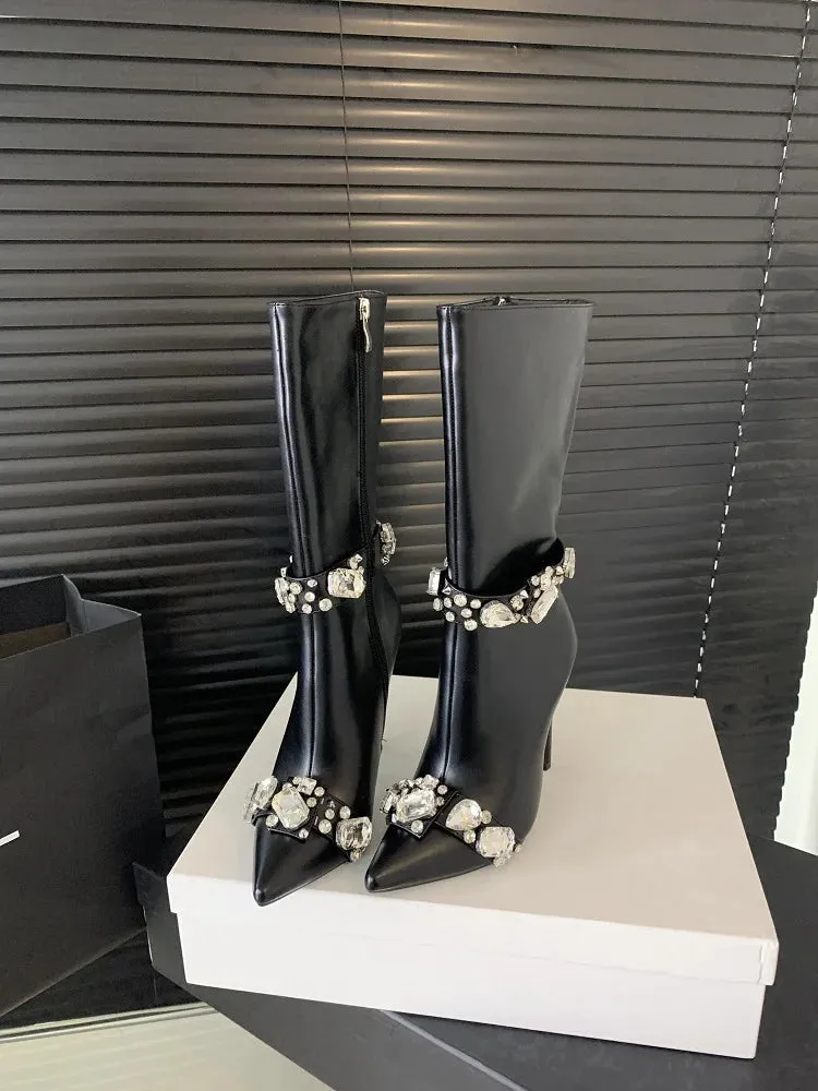 Crystal Knee-High Boots Pointed Toe Stiletto Heels