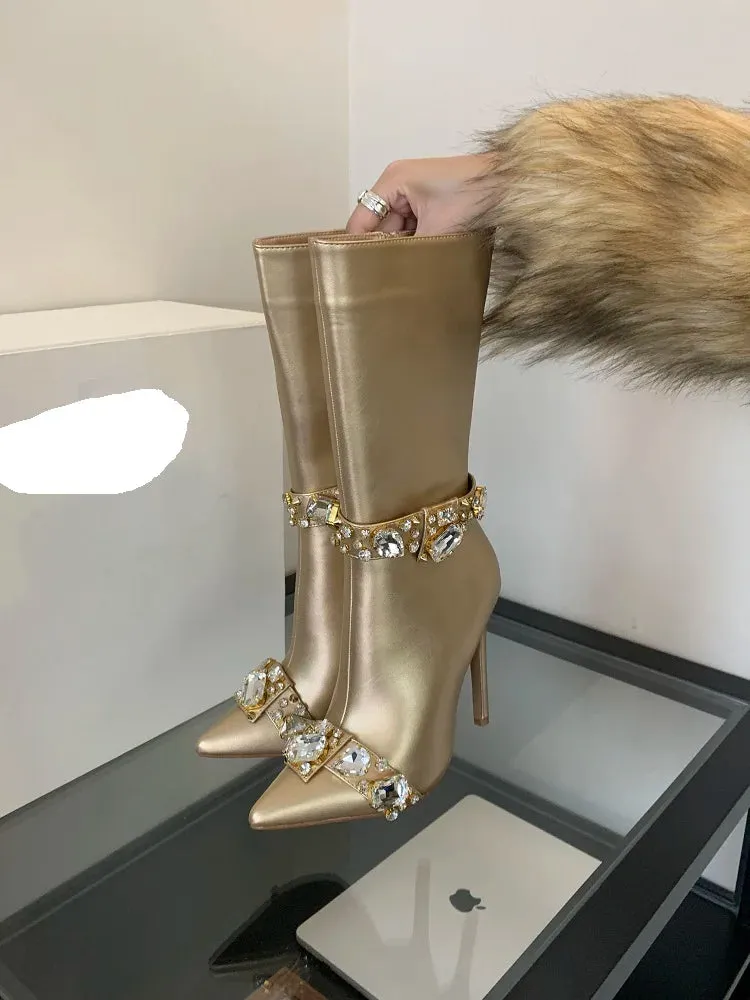 Crystal Knee-High Boots Pointed Toe Stiletto Heels