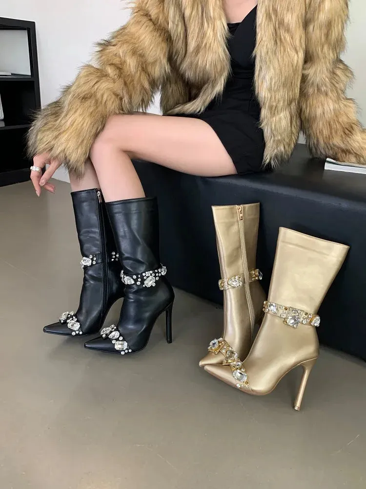 Crystal Knee-High Boots Pointed Toe Stiletto Heels