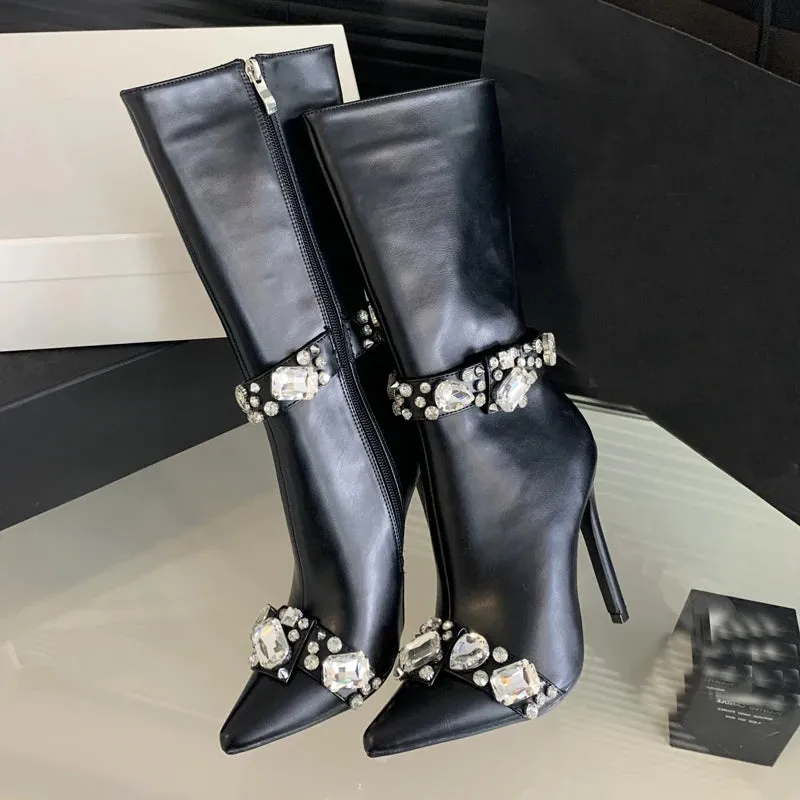 Crystal Knee-High Boots Pointed Toe Stiletto Heels