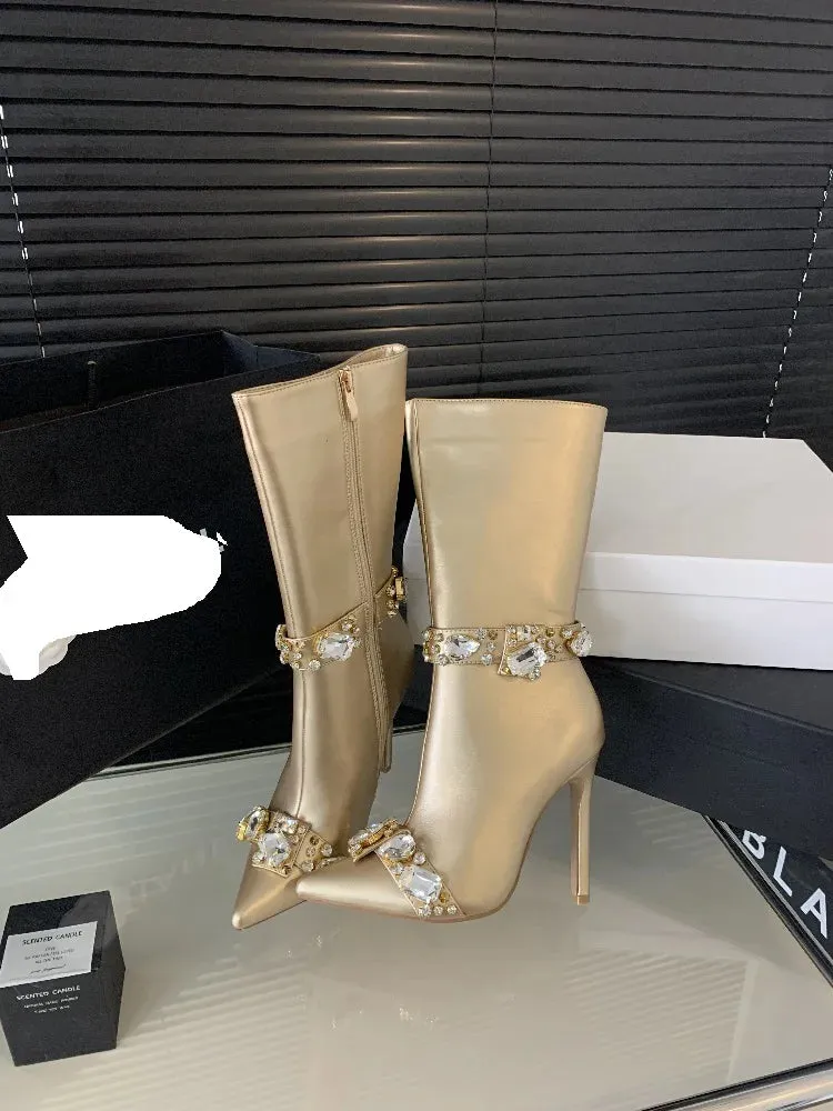 Crystal Knee-High Boots Pointed Toe Stiletto Heels