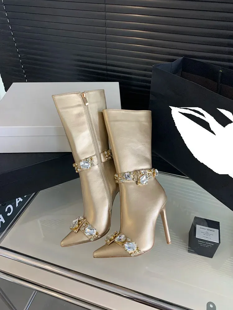 Crystal Knee-High Boots Pointed Toe Stiletto Heels