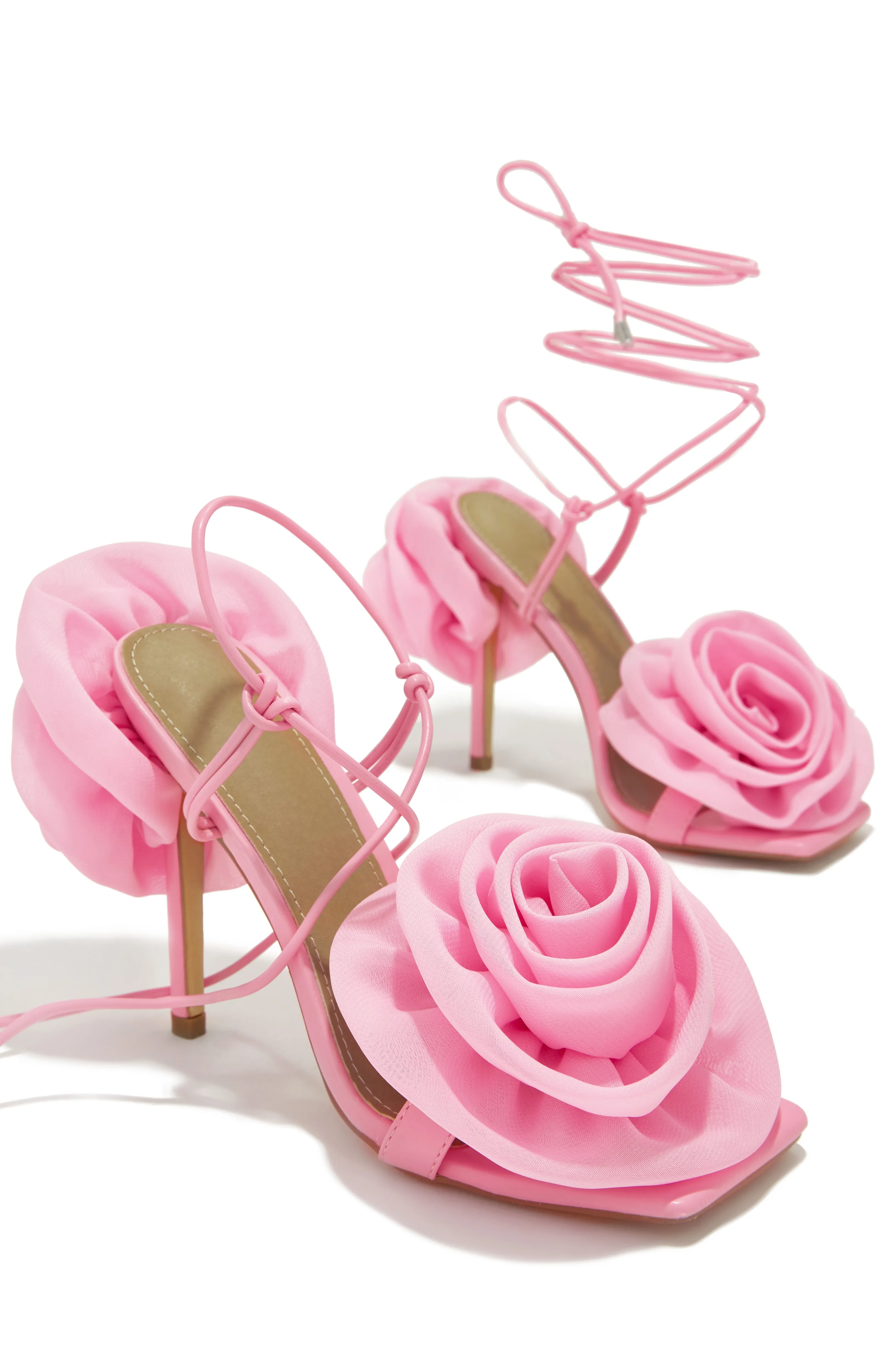 Divine Bloom Rosette Lace Up Heels - Pink