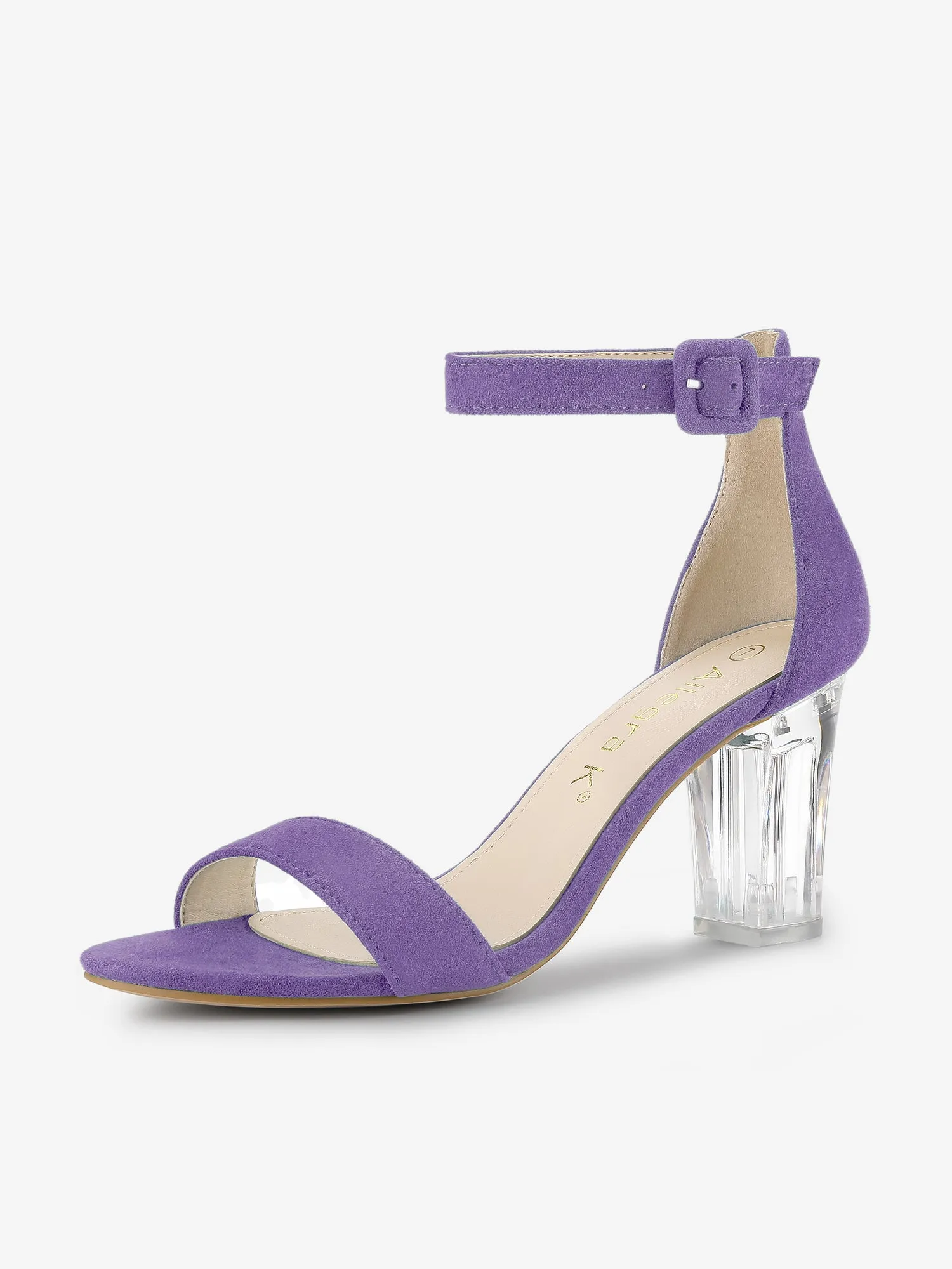 Faux Suede Open Toe Ankle Strap Clear Chunky Heel Sandals