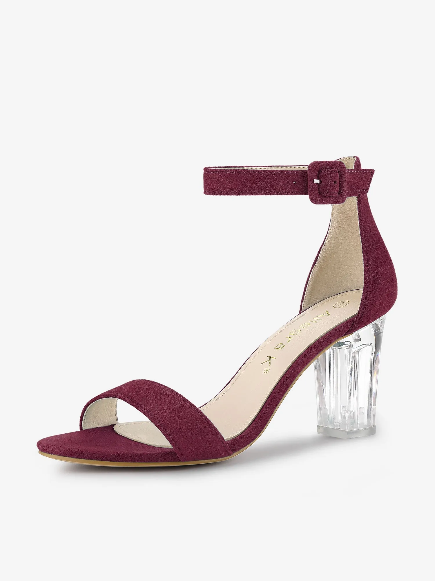 Faux Suede Open Toe Ankle Strap Clear Chunky Heel Sandals