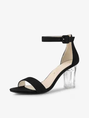 Faux Suede Open Toe Ankle Strap Clear Chunky Heel Sandals