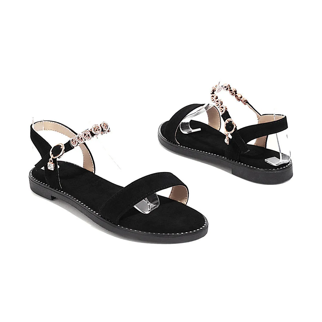 Flat Dress Sandals Summer Square Heel Solid Color Buckle Hollow-out Sandals for Women