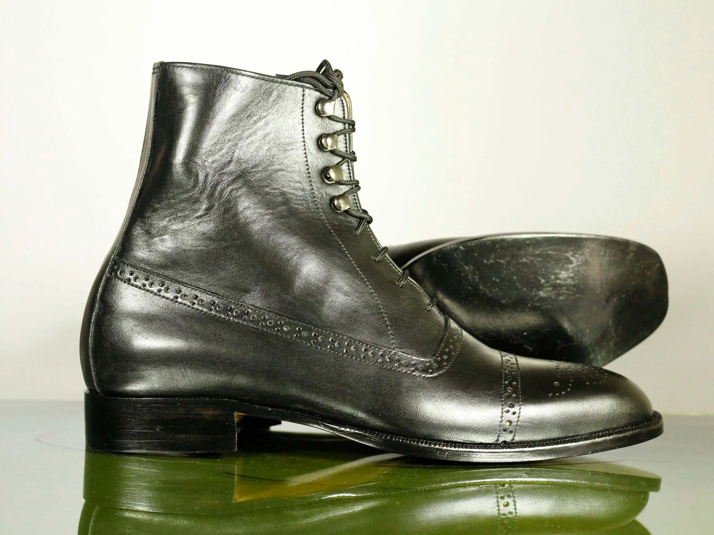 Handmade Men's Black Leather Cap Toe Brogue Lace Up Boots, Men Ankle Boots, Men Designer Boots