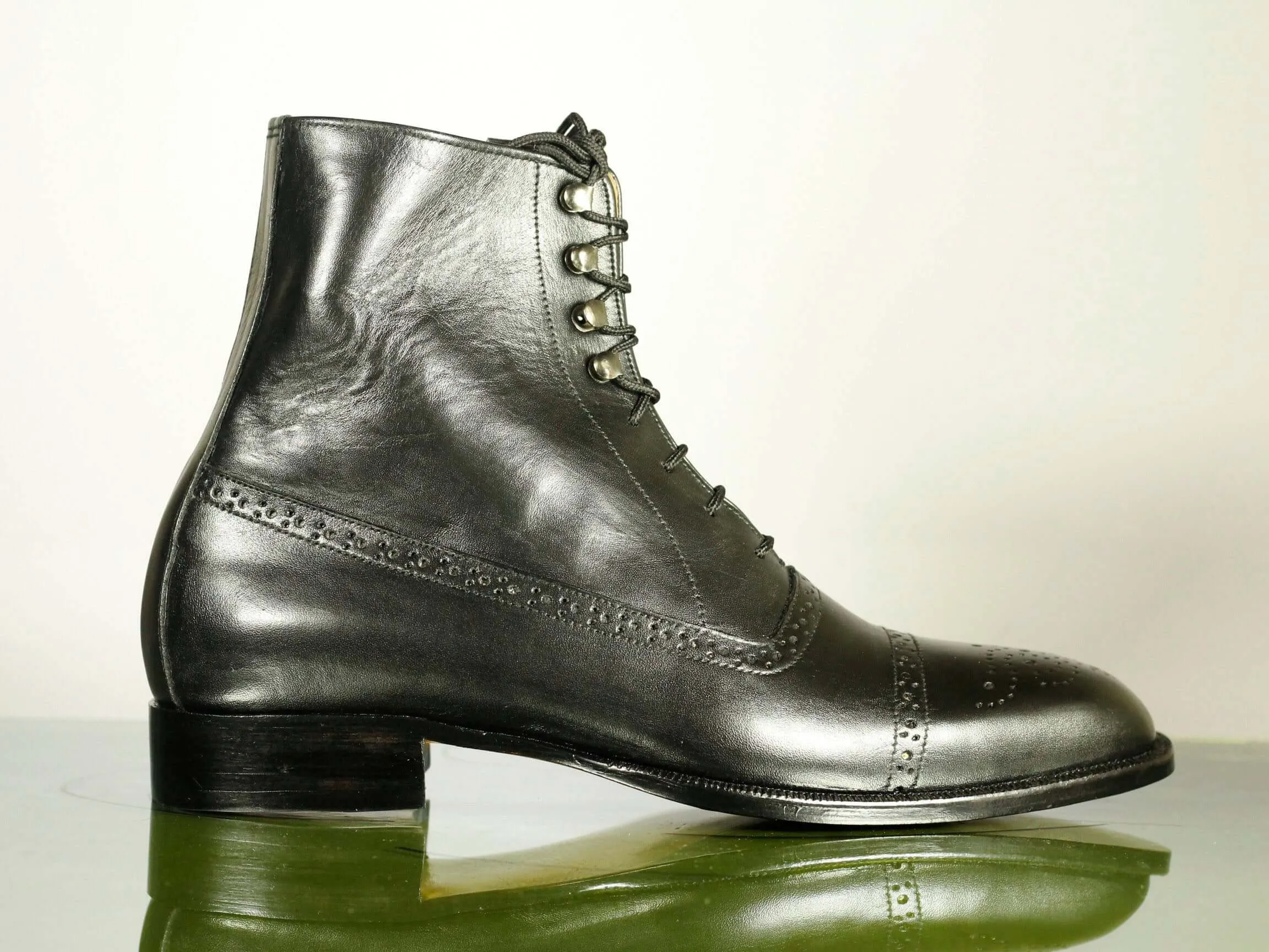 Handmade Men's Black Leather Cap Toe Brogue Lace Up Boots, Men Ankle Boots, Men Designer Boots