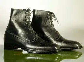 Handmade Men's Black Leather Cap Toe Brogue Lace Up Boots, Men Ankle Boots, Men Designer Boots