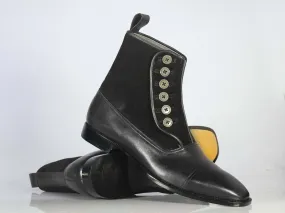 Handmade Men's Black Leather Suede Cap Toe Button Boots, Men Ankle Boots, Men Fashion Boots