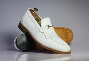 Handmade Men's White Fringe Loafer Leather Shoes, Men Dress Formal Slip On Shoes