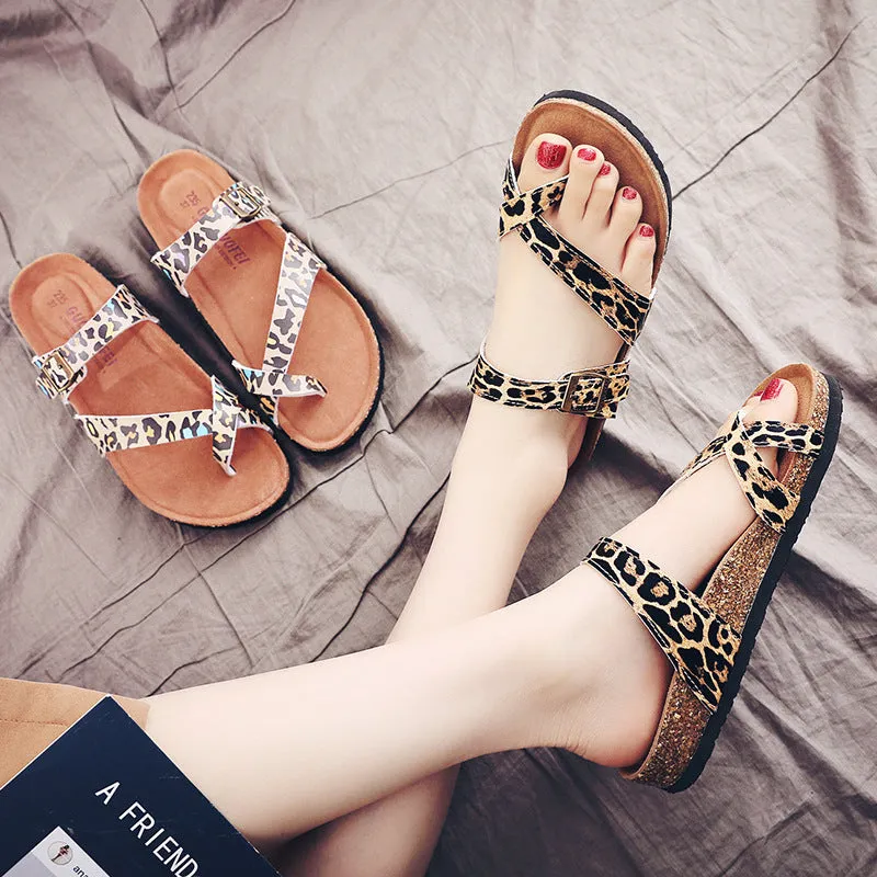 Leopard Print Cork Flat Heel Slip -On Summer Flat Sandals