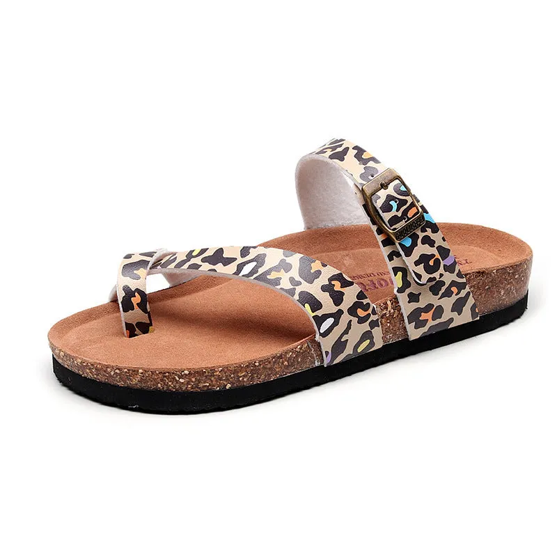 Leopard Print Cork Flat Heel Slip -On Summer Flat Sandals