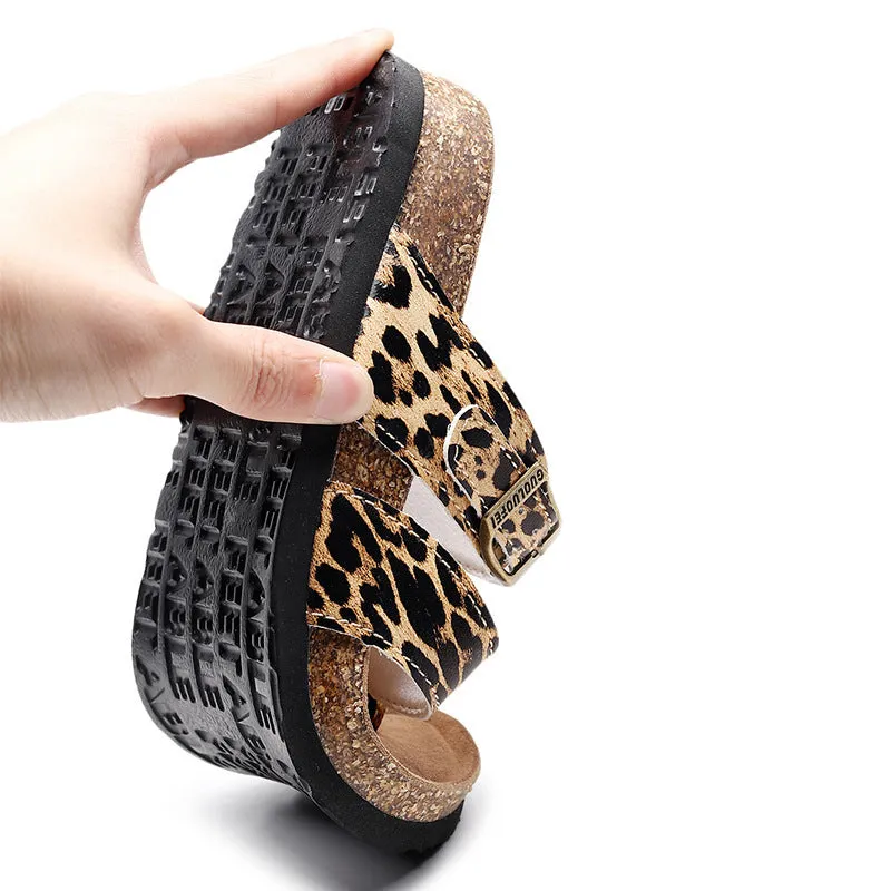 Leopard Print Cork Flat Heel Slip -On Summer Flat Sandals