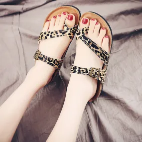 Leopard Print Cork Flat Heel Slip -On Summer Flat Sandals