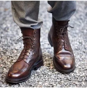 Men Handmade Brown Color Boots, Men's Lace Up Wing Tip Brogue Leather Boots