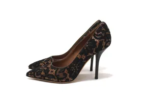 NEW Authentic Givenchy Black Floral Lace Cover Brown Leather Pamela Pump Size 37.5