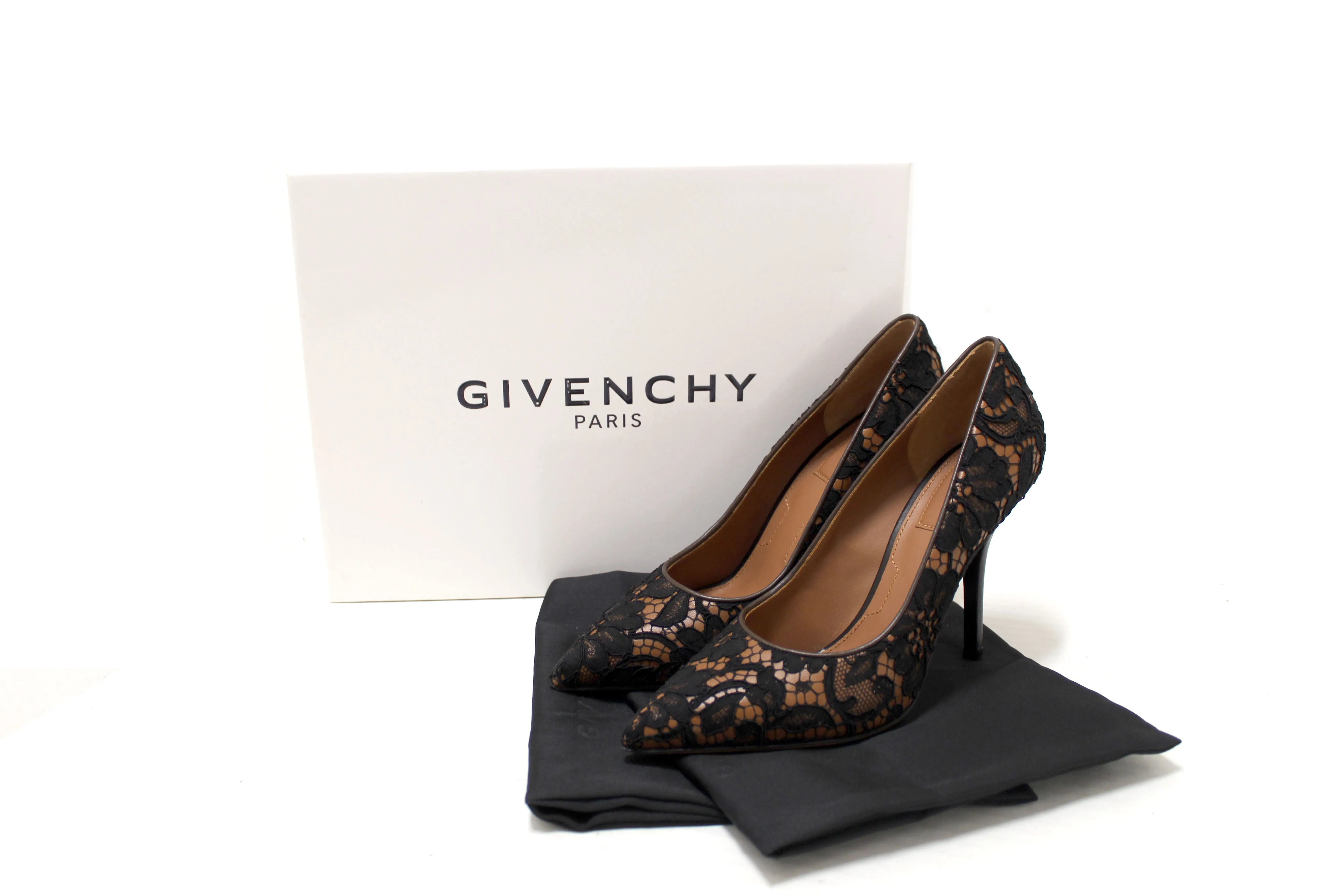 NEW Authentic Givenchy Black Floral Lace Cover Brown Leather Pamela Pump Size 37.5