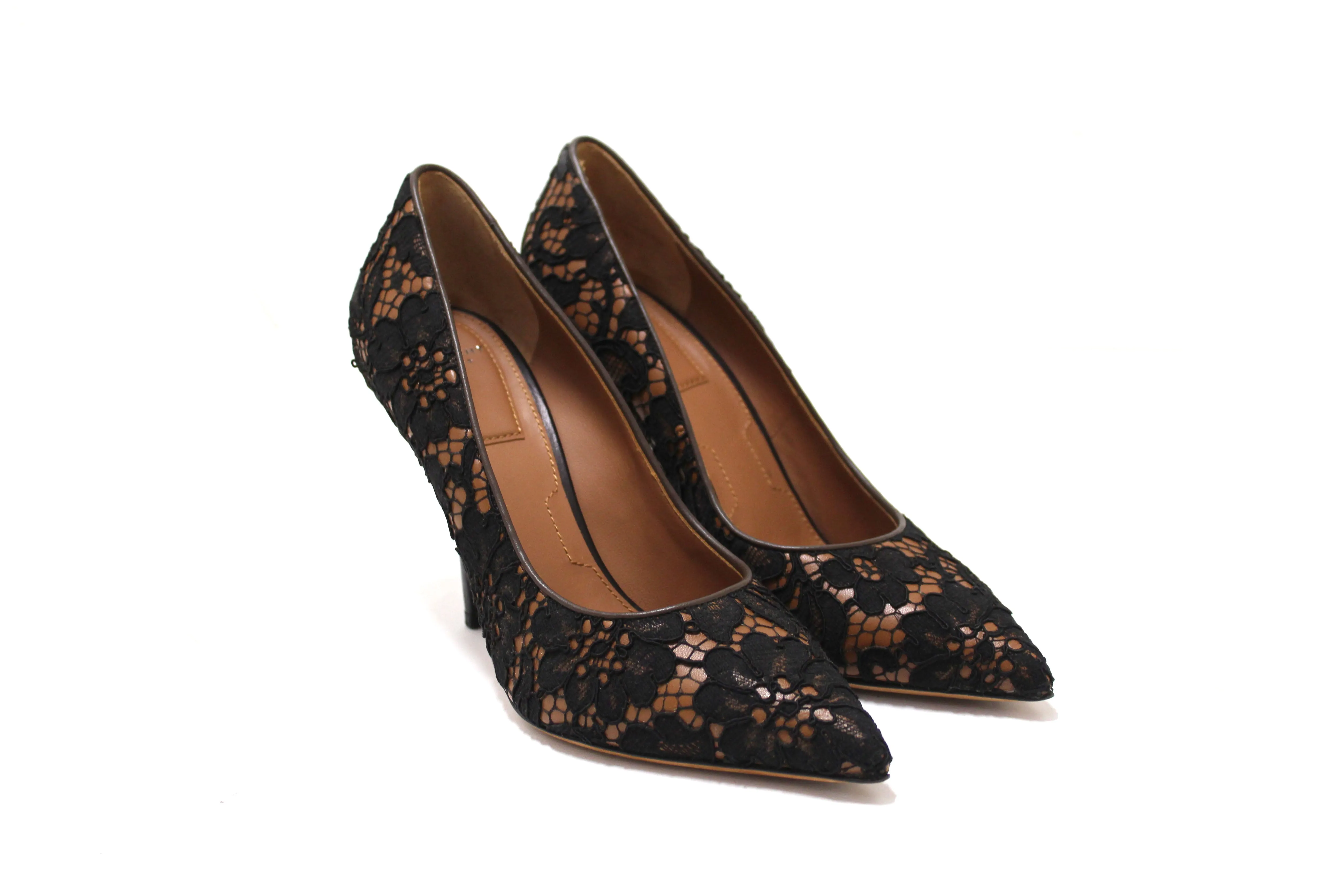 NEW Authentic Givenchy Black Floral Lace Cover Brown Leather Pamela Pump Size 37.5