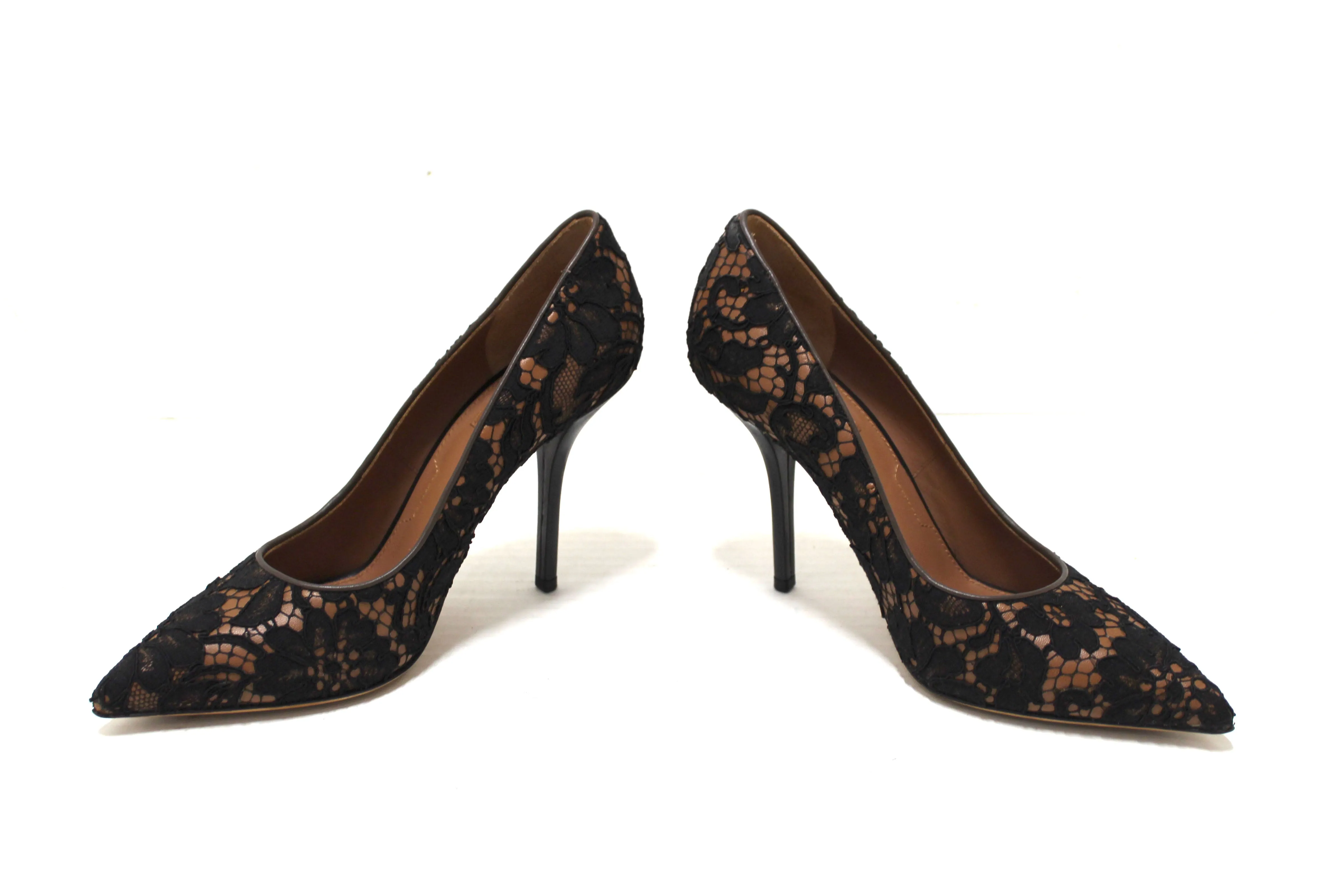 NEW Authentic Givenchy Black Floral Lace Cover Brown Leather Pamela Pump Size 37.5