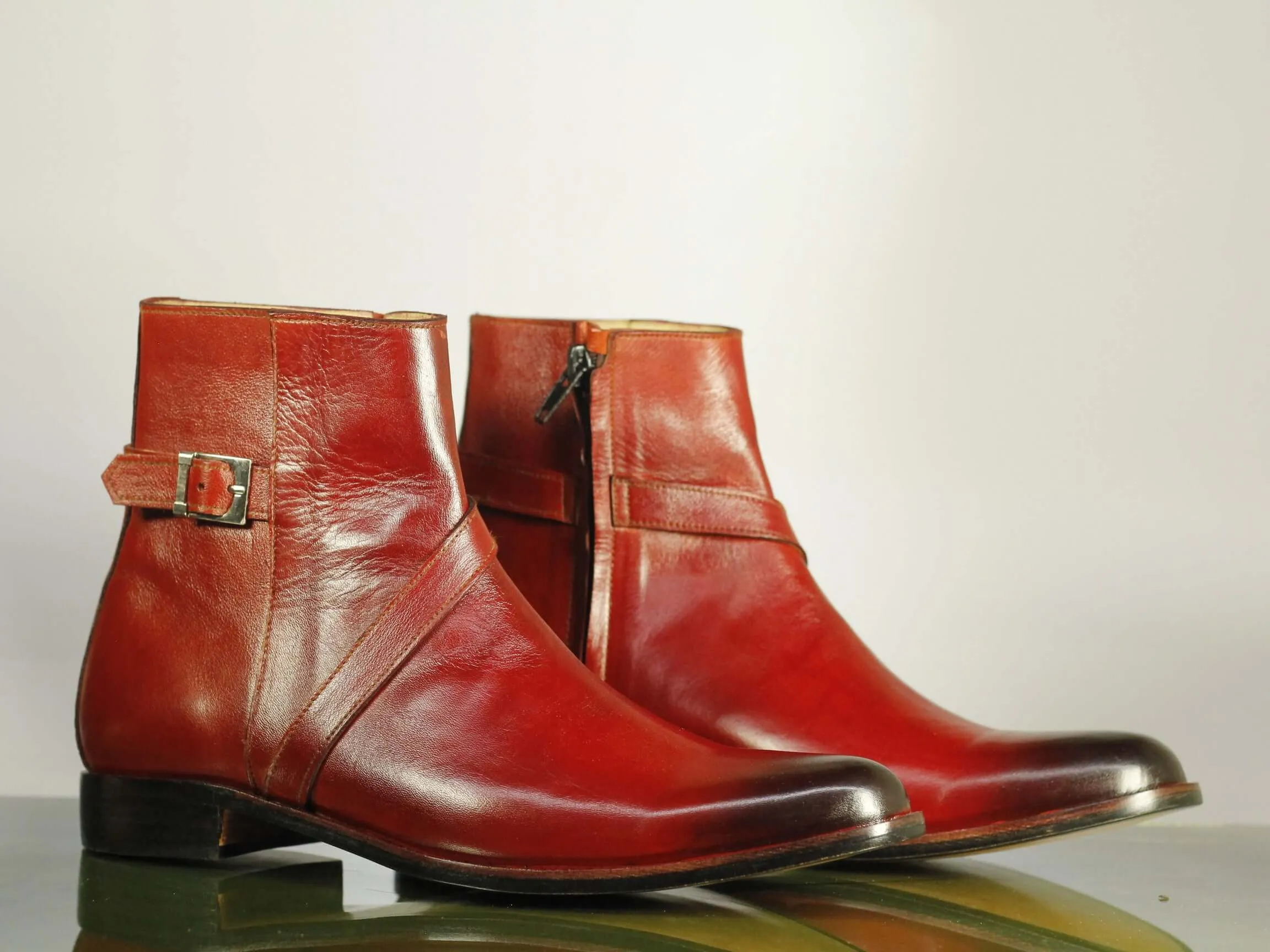 New Handmade Men's Burgundy Leather Jodhpur Boots, Men Buckle & Zipper Designer Boots