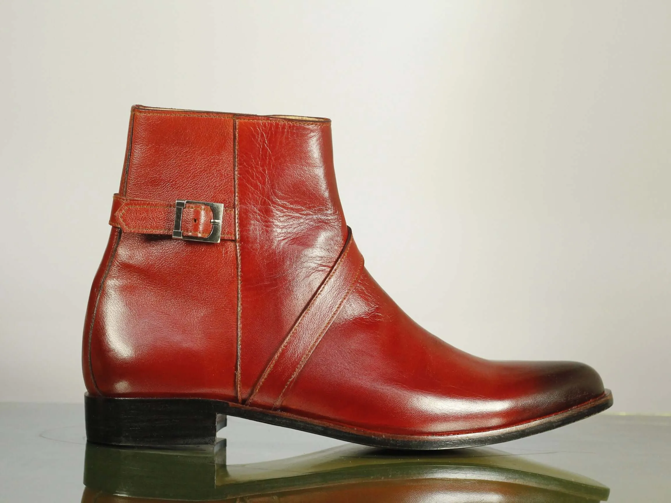 New Handmade Men's Burgundy Leather Jodhpur Boots, Men Buckle & Zipper Designer Boots