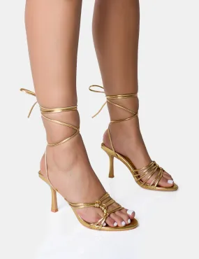 Oceania Gold Strappy Side Knot Lace Up Mid Heels