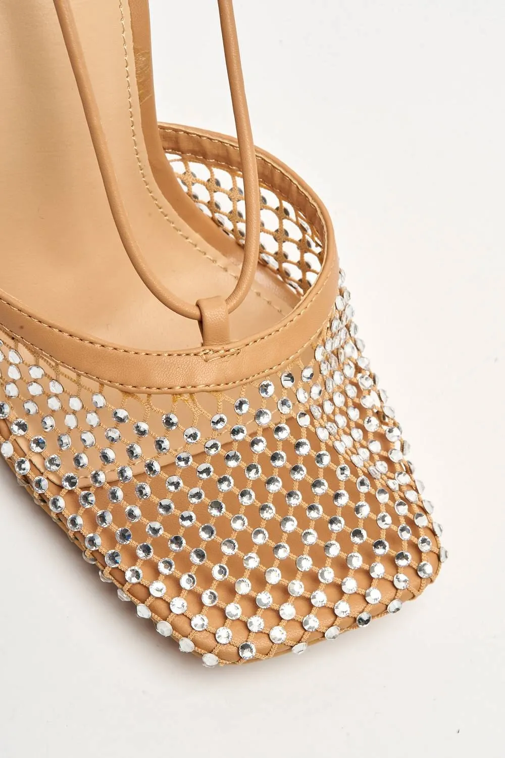 Rosalyn Mesh & Gemstone Detail Lace-up Heel in Tan