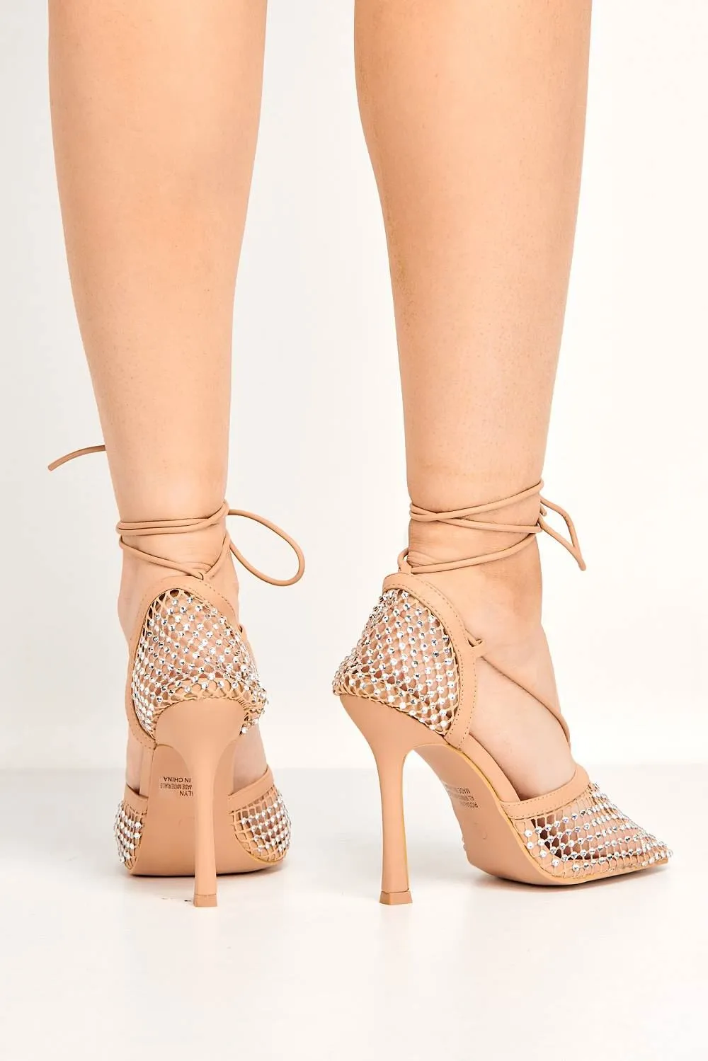 Rosalyn Mesh & Gemstone Detail Lace-up Heel in Tan