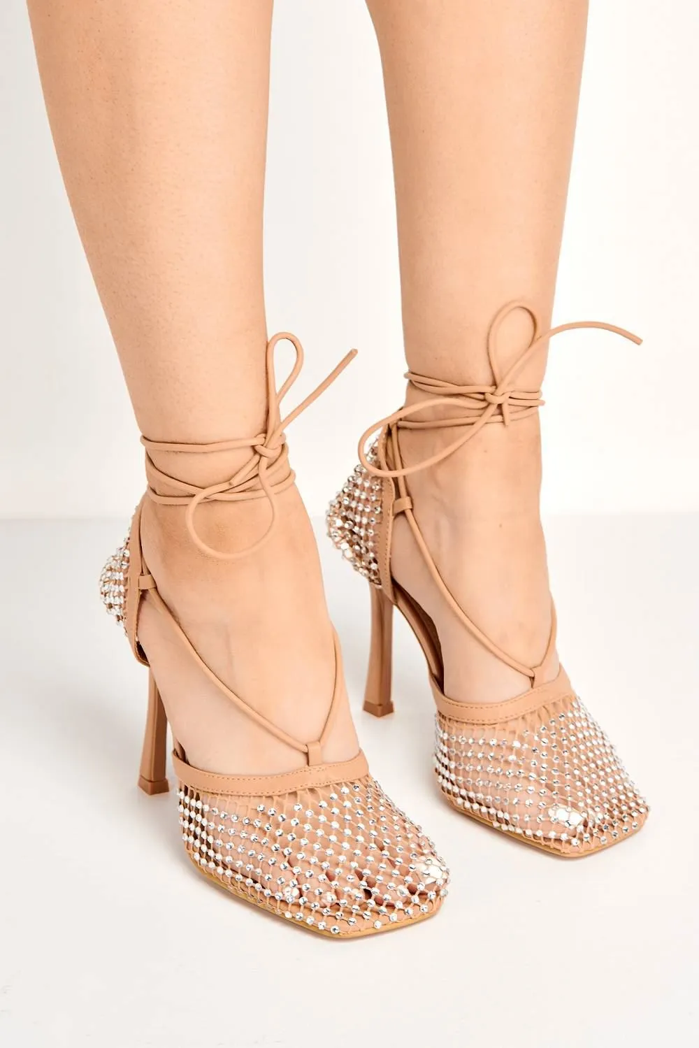 Rosalyn Mesh & Gemstone Detail Lace-up Heel in Tan