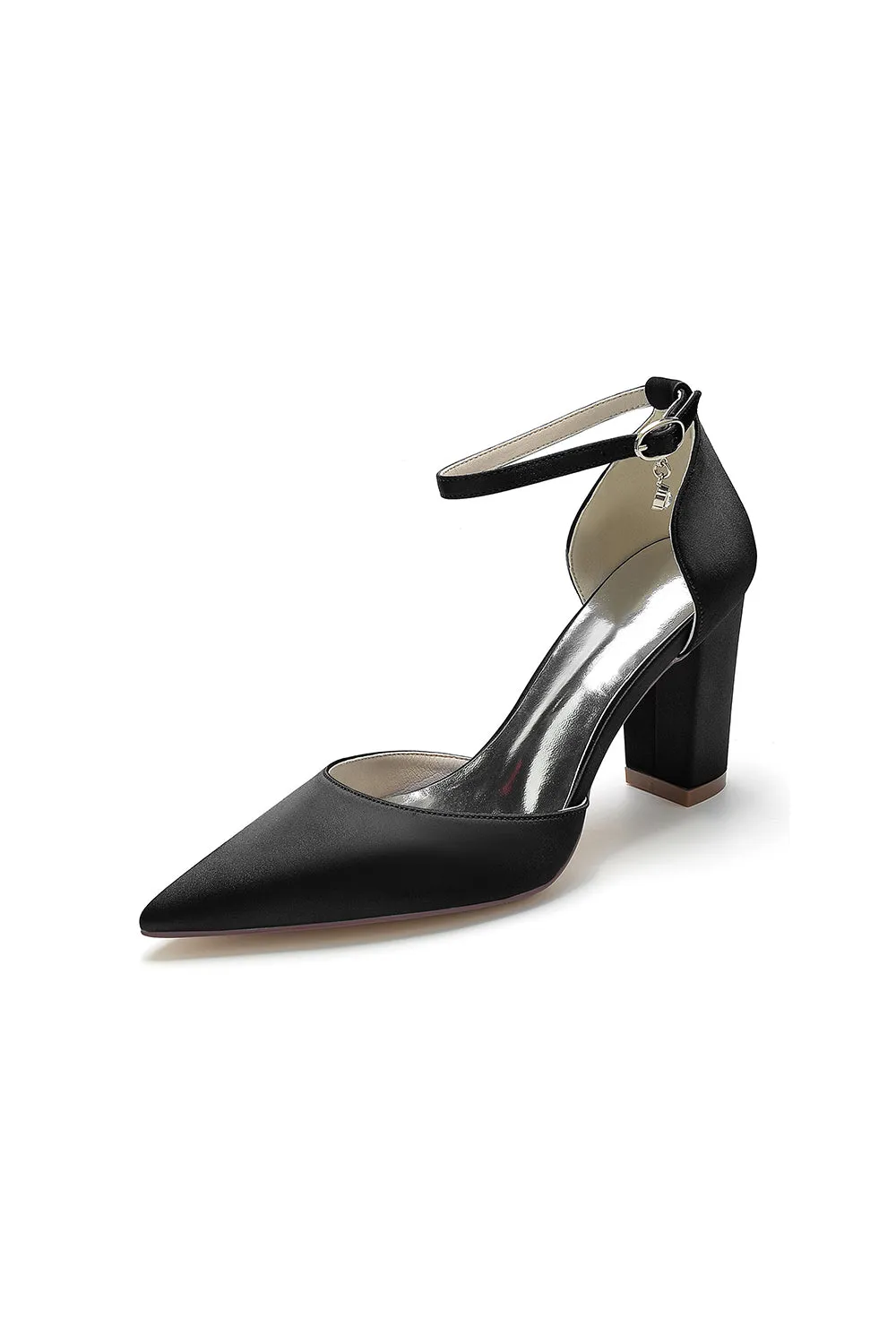 Simple Satin Pointed Toe Ankle Strap Chunky Heel