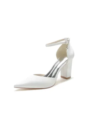 Simple Satin Pointed Toe Ankle Strap Chunky Heel