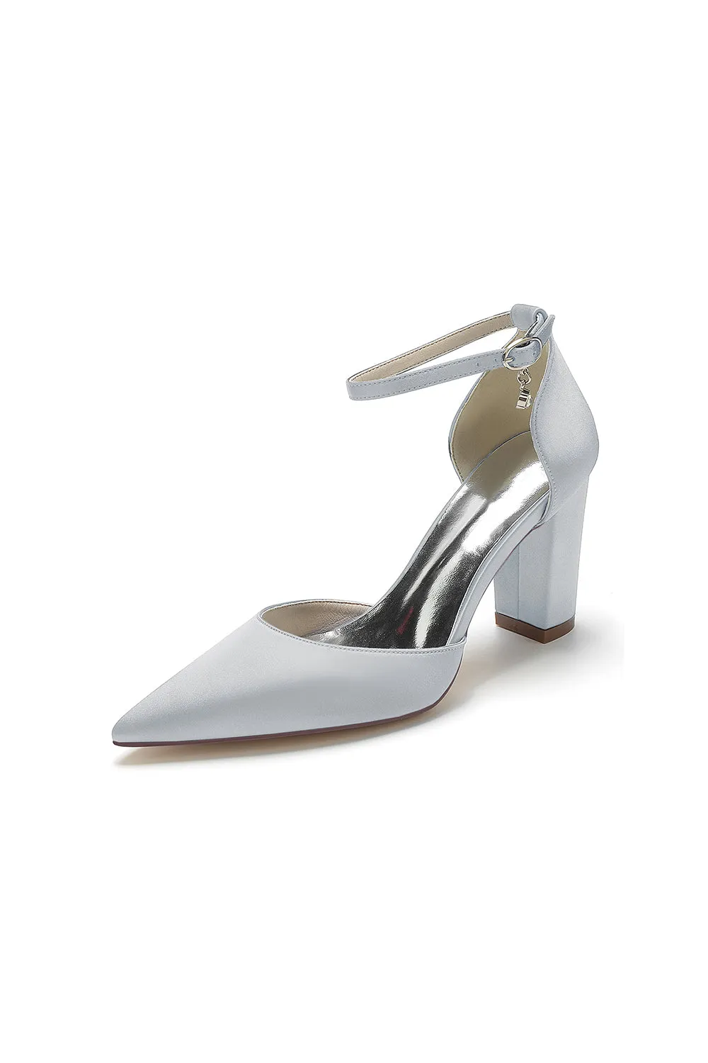 Simple Satin Pointed Toe Ankle Strap Chunky Heel