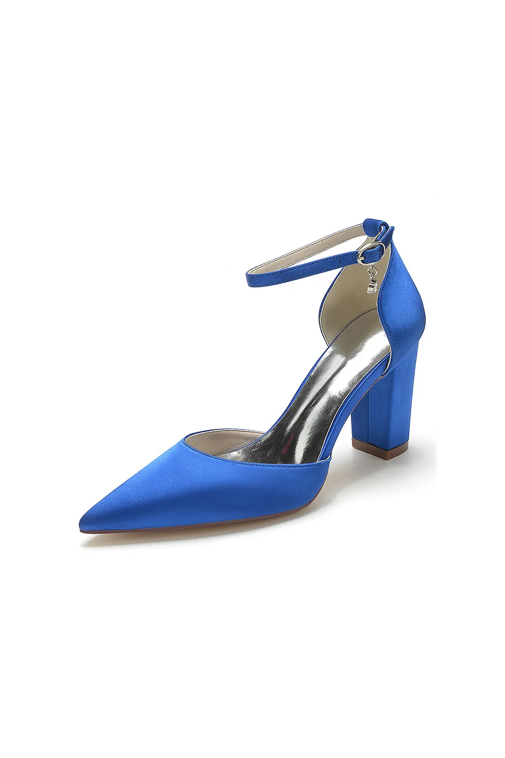 Simple Satin Pointed Toe Ankle Strap Chunky Heel