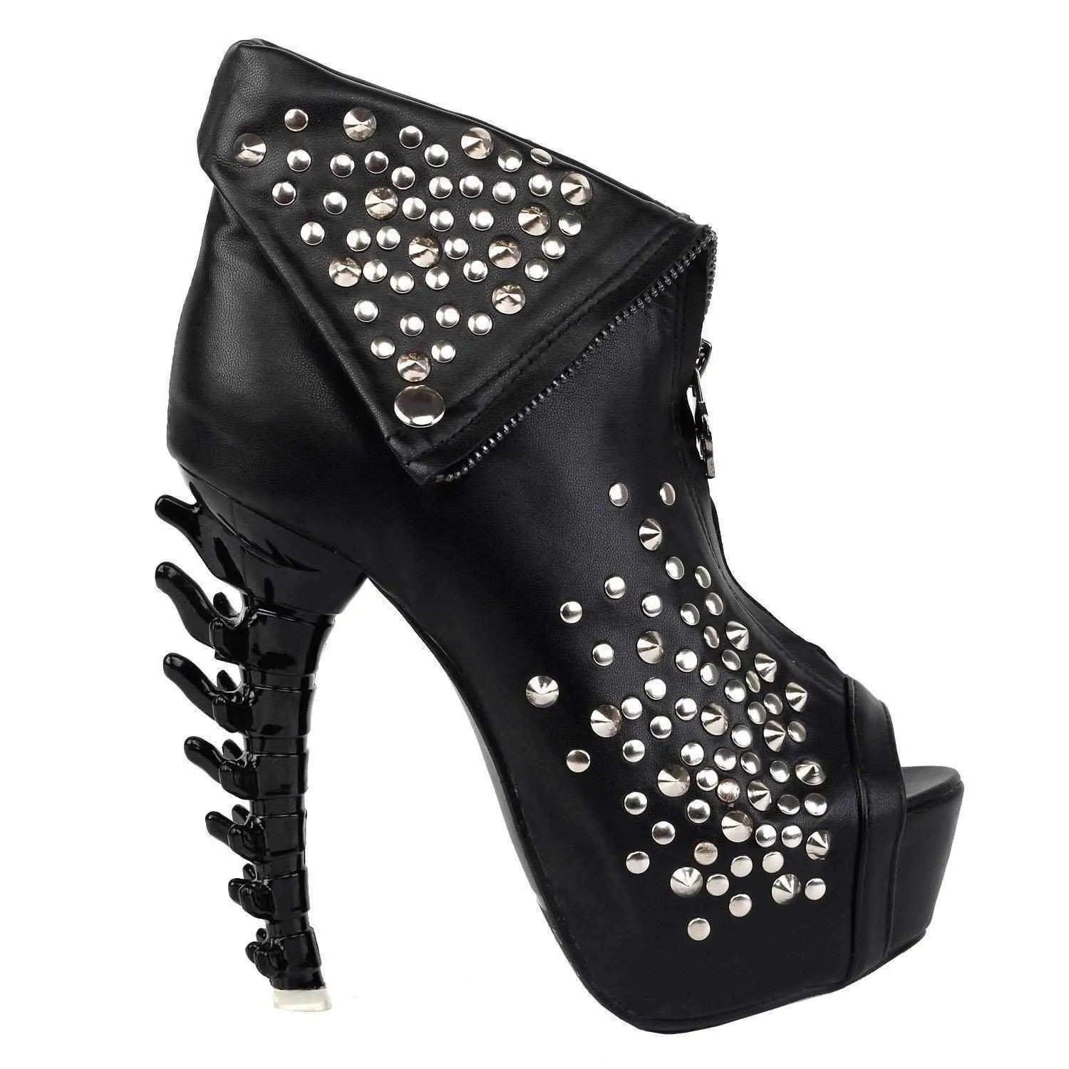 SteamPunk Black Leather Peep Toe Jagged High Heel Ankle Boots