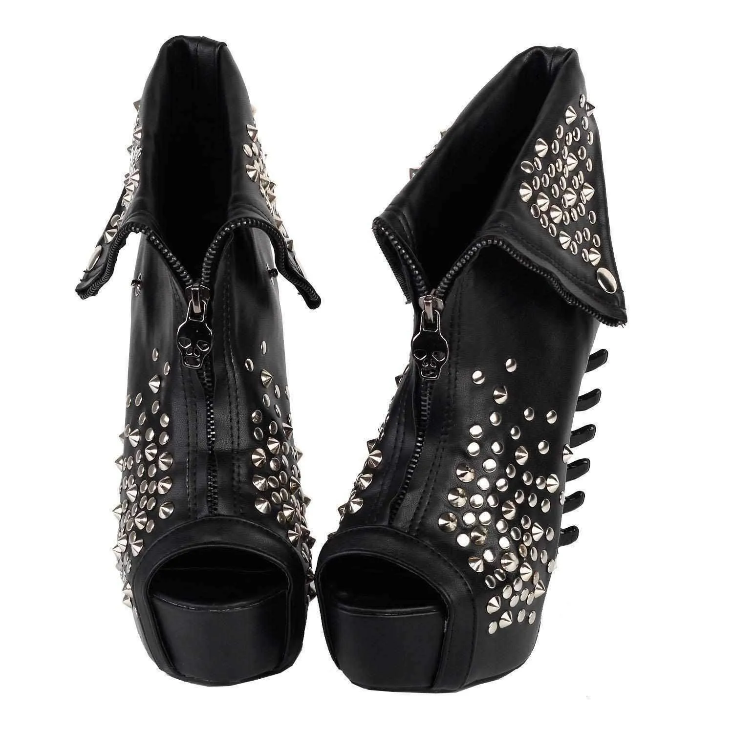 SteamPunk Black Leather Peep Toe Jagged High Heel Ankle Boots