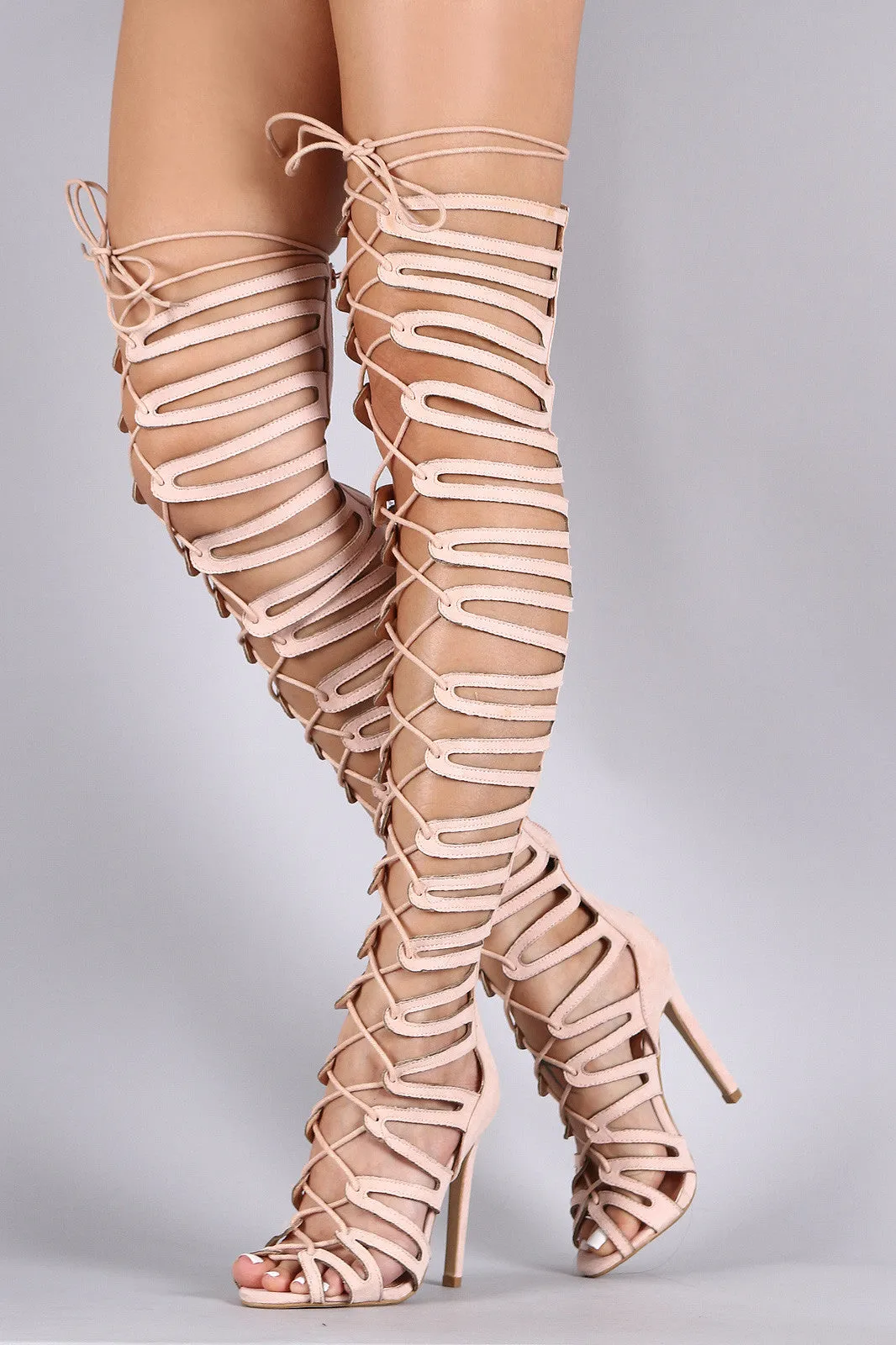 Suede Strappy Cage Lace-Up Open Toe Thigh High Heels